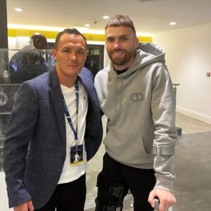 Josh Warrington Instagram - Humble, hardworking, passionate & a winner. 

Everything Leeds. Always Leeds. 

Some man @stuart_dallas15 💛🤍💙

#mot #lufc #alaw #ohstuartdallas #moderndayhero #oldguard