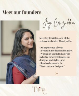 Joy Crizildaa Instagram - Meet the passionate founders, bringing classy designs to life at Thirai, combining sophistication with cutting-edge trends.

✨ 

✨

#thiraiclothing #thirai #designerwear #chennaidesigner #celebritystyle #custom #chennaifashion #stylistchennai