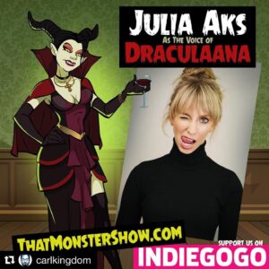 Julia Aks Instagram - My darlinks! Very very excited to voice everyone’s favorite horny cougar of a vampire!!! Thank you, @carlkingdom for writing this hilarious show, and the nicest casting announcement ever 🥰😈
・・・
After receiving and listening to 65 vocal auditions, many of which were extremely professional and creative, I am happy to announce that I am casting JULIA AKS @jaksicle as the voice of our Vampire queen, Draculaana. 
A bit about her: Julia is a Los Angeles-based actor / comedy director / opera singer that has appeared on Marvel’s Agents of SHIELD, is the Host of Personal Space on Amazon Prime, and has performed at LA Opera and on the latest John Wick: Chapter 3 - Parabellum soundtrack with Tyler Bates. She also recently had a viral YouTube hit with a parody of Ariana Grande (shared by Ariana herself) of "7 Rings.” And… I just learned she filmed with Jim Carrey for Showtime’s Kidding. 
But most importantly -- immediately upon hearing her voice -- I added the word “WOW" to her audition folder on my computer. 
I had actually been seeking an older actress to play the part, but Julia’s voice and perfect “Transylvanian” dialect struck me as being The One. (With all of her opera training, working with dialect coaches, and singing in multiple languages, it was perfect.) I watched a lot of her other YouTube comedy videos, and the humor in them sincerely made me laugh. She has an understanding of awkward timing and rhythm. And bringing writing / improv / directing skills to this project is a major plus. 
We got together in person at my studio for a second in-person audition, and she killed it. I gave her a stack of unexpected material to read from and improvise with (including the “Good Will Hunting" screenplay and Dianetics) and she flowed non-stop with a variety of dialects and tones. When I asked “how about some profanity?” she, without hesitation, buried my studio in an avalanche of loud, vulgar vocabulary that I could never repeat. She had the energy and intensity and bravery to try anything. 
So… she has the perfect combination of elements for this role! Welcome Julia Aks! 
#film #comedy #horror #voiceacting #monsters #johnwick #opera #arianagrande #vampire #dracul