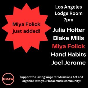 Julia Holter Instagram - The Living Wage for Musicians Act is a big deal and would finally allow all performers, featured and non-featured, on recordings to be compensated fairly for streaming. Honored to join @blakemills @miyafolick @hand.habits and @joeljeromemusic at @lodgeroom in LA tonight to celebrate this act and spread awareness of it with @weareumaw who has put in so much work w @reprashida to make this bill happen 

I will be joined singing tonight with a SPECIAL SURPRISE GUEST 🪷

First few people to repost can each get a free ticket tonight 🌞 message me w your name 

Link to tickets in bio