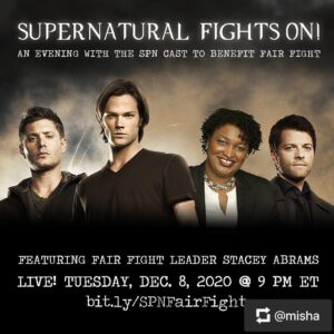 Julie McNiven Instagram - Join me, @jensenackles , @jaredpadalecki , @misha & the #SPN  cast LIVE as we reminisce & discuss fighting real-world demons with the one & only @staceyabrams! You can even win set props, guitar lessons from God, & more! Dec. 8 @ 9 PM ET. We’ll hit capacity, so sign up now! bit.ly/SPNFairFight