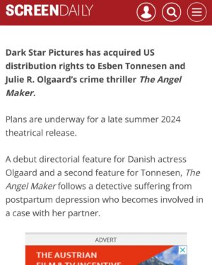 Julie R. Ølgaard Instagram - VILDE nyheder at starte ugen med🎬 It’s official!!! “Englemageren” er solgt til USA, med forventet biografpremiere i sensommeren. Jeg er glad og stolt - og at se det på forsiden af @screendaily varmer os lidt om hjertet må jeg indrømme 🫶🏻 @reinventstudios YOU ROCK!!!🌟 @esbentonnesen @roland_moller @christopherlasso @finemanagement @johanne_bie @sophiegohrdp @jesperbaekdal @demylius @sfstudios_danmark @hitheroproductions og resten af verdens sejeste hold 🫶🏻