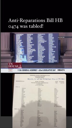 Justin J. Pearson Instagram - Update! Anti reparations bill HB0474 will NOT be progressing any further this session as it was TABLED. This is because of #PeoplePower! Thank you to everyone who showed up and signed the petition to stop this bad bill. ✊🏾✊🏾✊🏾