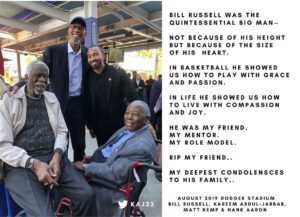 Kareem Abdul-Jabbar Instagram - Yesterday was a hard day. I lost a close friend & the world lost one of its greatest basketball heroes. 

I’ve been working on a very special article all night. I’ll be sharing that article later today but I wanted to post this in the meantime to start sharing my thoughts with you. 

@realbillrussell 
@nba @nbahistory @celtics @dodgers @lakers @therealmattkemp