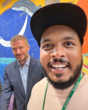 Karthik Surya Instagram - David Beckham⚽️♥️
With the legend🥹
.
#beckhamxmeta 
#beckhamxsara