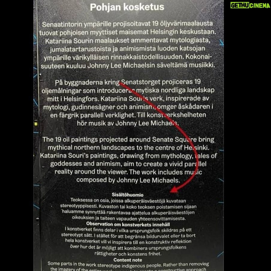 Katariina Souri - 2.2K Likes - Tämä Lux Helsinki -teokseni yhteydessä käytetty sisältövaroitus jäänee historiaan irvokkaana todistusaineistona taiteen vapauden loukkaamisesta ja taiteilijan syrjinnästä Suomessa vuonna 2024.
Oheinen sisältövaroitus tuli myös kuulutuksena kaiuttimista Senaatintorilla yhteensä noin 150 kertaa!
Näin upeasti organisaatio tuki ja suojeli taiteilijaansa. Jouduin käymään kohtuuttoman taistelun ja ottamaan avukseni juristin, että teokseni ylipäätään esitettiin.