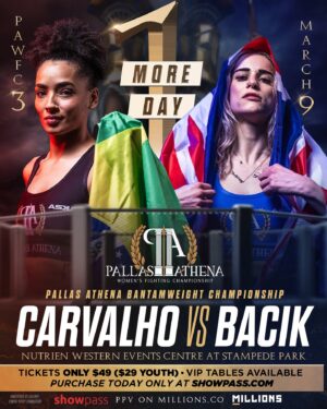 Kate Bacik Instagram - We are only 1️⃣ sleep away from PAWFC 3 Calgary!

Watch a stacked card of women’s fighting talent from around the world alongside MMA legends Chuck Liddell, Felicia Spencer and Cris Cyborg!

🎟️ To watch the event live and in-person, visit www.showpass.com

📺 You can also catch all the action live at home when you purchase the PPV at www.millions.co

PAWFC 3 | March 9th | Calgary | Nutrien Western Events Centre