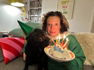 Kate Rusby Instagram - It’s was our fluffy Freda’s 6th birthday this week!! 🐶🎊⭐️ we had a break from spring tour rehearsals to make her a special dog birthday cake 🎂 (think I saw it on Blue Peter for Goldie the dog all those years ago!!😃) Where does the time go indeed!! 🤷🏻‍♀️ 
Freda and Bebo shared it, every scrap gone! Typical Staffies! 😂🤣❤️🐶🐶🎂⭐️❤️❤️☀️🌸