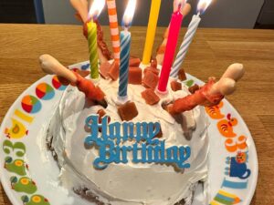 Kate Rusby Instagram - It’s was our fluffy Freda’s 6th birthday this week!! 🐶🎊⭐️ we had a break from spring tour rehearsals to make her a special dog birthday cake 🎂 (think I saw it on Blue Peter for Goldie the dog all those years ago!!😃) Where does the time go indeed!! 🤷🏻‍♀️ 
Freda and Bebo shared it, every scrap gone! Typical Staffies! 😂🤣❤️🐶🐶🎂⭐️❤️❤️☀️🌸
