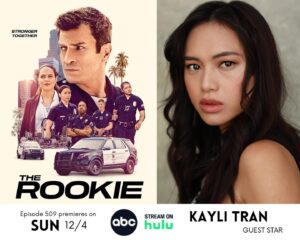Kayli Tran Instagram - So much has been happening and I keep forgetting that I can finally announce this. I’m gonna be on tv tonight!! 😝

Catch me on season 5 episode 9 of The Rookie airing on ABC Sunday night at 7pm PST / 10pm EST. (Also avail to stream on Hulu) I get to play Gertrude, party girl living it up in NY.🤪

Happy last month of the year! 🥳