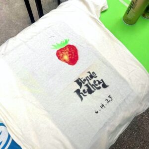 Kazu Makino Instagram - as you may know, tomorrow we’ll play  @babysallright we’ll have special edition T shirt for this ny show made by @fastfriends jason p. grisell  only #23 of them 🍓 thank you jason … so beautiful !