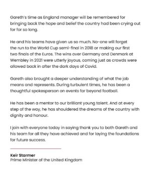 Keir Starmer Instagram - I join with everyone today in saying thank you to both Gareth Southgate and his team for all they have achieved and for laying the foundations for future success.