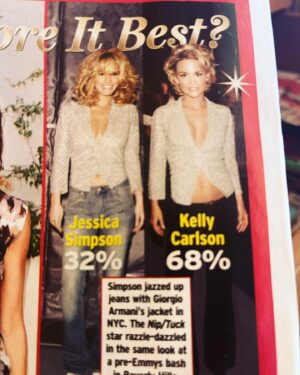 Kelly Carlson Instagram - Dan and I have been organizing. And I have BOXES and drawers full of mags. We went through some of the tabloids. Ha! It’s not my only win 🥇 I also lost once too cuz my pants were too long 🙄😂 But here is one for the win! 🙌 #whoworeitbest #armani