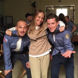 Kelly Karbacz Instagram - #BTS with @nickd___ and #evanarthurhall just before I did my very best to kick their asses!!😜#OITNB #OrangeIsTheNewBlack #oitnbseason5 #COBlake #COStratman #Sankey #Netflix @oitnb @netflix