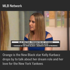 Kelly Karbacz Instagram - Thank you @laurenshehadi and everyone at #MLBCentral - @mlbnetwork for having me on to chat about #oitnbseason5 and my beloved #NewYorkYankees !! Link to full interview on my FB & Twitter page. ⚾️🍊#OITNB #OrangeIsTheNewBlack #Sankey #MLB #MLBNetwork #Yankees @yankees @oitnb @personapr 
Dress: @adriannapapell #adriannapapell