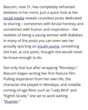 Kelsey Bascom Instagram - So excited to share this interview I did with @diatribenews 💙✨

I got to share part of my story with type 1 diabetes, how it led to writing Quarter and what we’re hoping this film will do for the diabetes community 💪 

So proud of @quartermovie and I can’t wait to share more soon 🥹