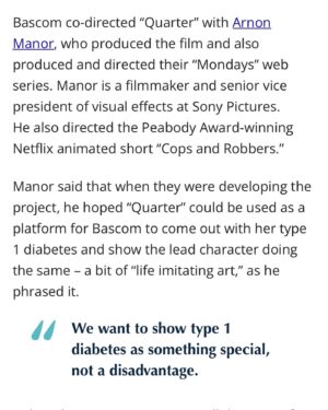 Kelsey Bascom Instagram - So excited to share this interview I did with @diatribenews 💙✨

I got to share part of my story with type 1 diabetes, how it led to writing Quarter and what we’re hoping this film will do for the diabetes community 💪 

So proud of @quartermovie and I can’t wait to share more soon 🥹