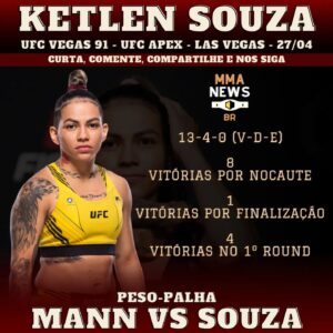 Ketlen Souza Instagram - 🥊🇧🇷 CURIOSIDADES SOBRE KETLEN SOUZA:

● Venceu 8 lutas por nocaute
● Estréia  no peso-palha
● Venceu 4 lutas no primeiro round

⏫️ Sigam @mmanews_br
❤️ Curta 
📤 Compartilhe