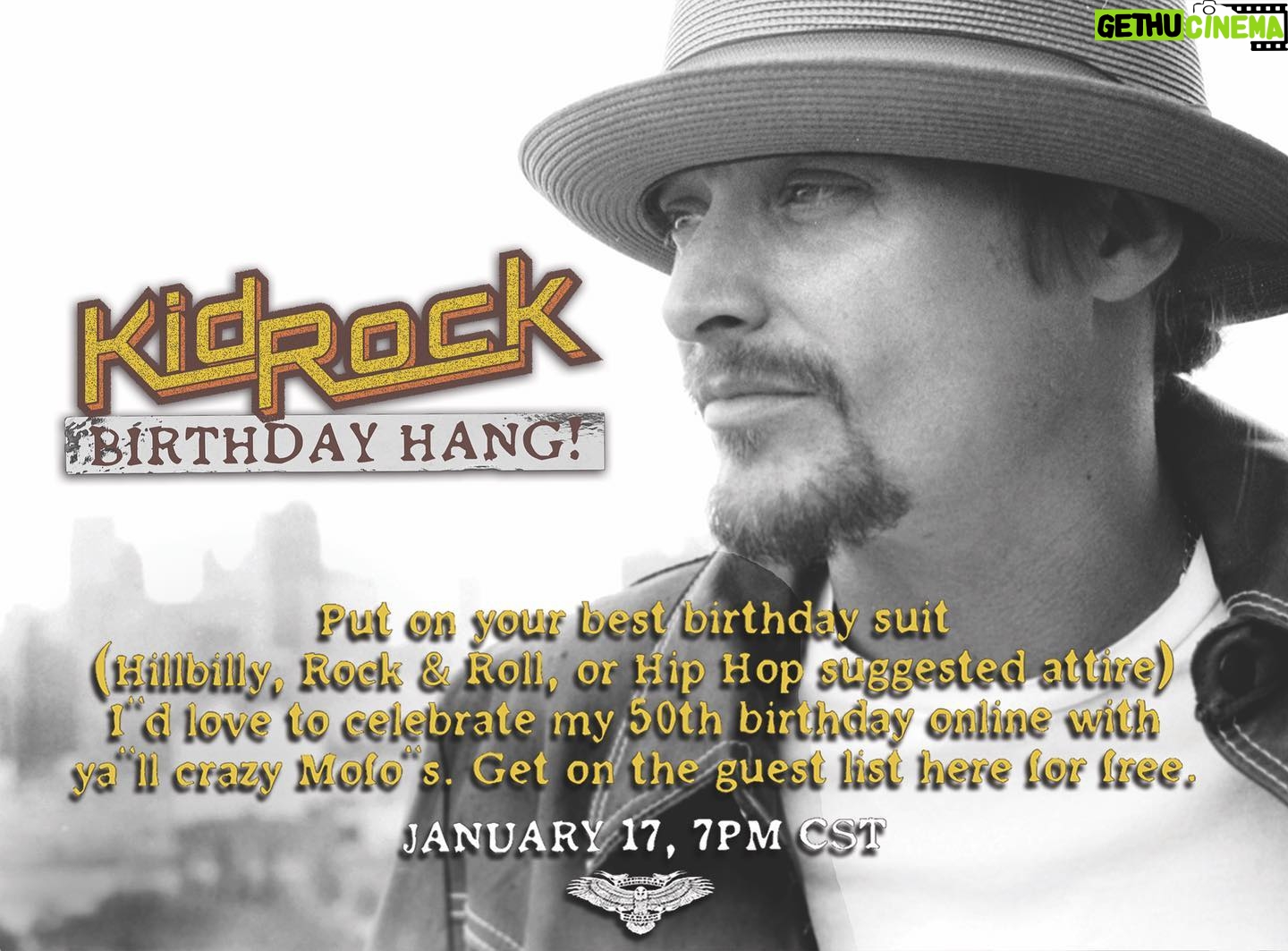 Kid Rock - 18.6K Likes - Hi Everyone! I’m looking forward to my birthday hang with ya’ll on Sunday. Not really sure what’s gonna happen but don’t believe the hype… This is NOT a live concert. While music may be a part of the livestream, this is more of a chance for me to catch up and hang with everyone and tip one back together! The livestream is absolutely free, so tell all your friends. We will be including a donate button in honor of my birthday to the Kid Rock Foundation. HOWEVER, Do not feel obligated to donate, we simply wanted to offer the opportunity to those that can. Every penny collected will go to the Barstool Fund that is helping struggling small businesses remain open.
https://www.barstoolsports.com/the-barstool-fund
I have been overwhelmed by the response and THANK YOU to everyone that has already pre-registered to join us for the fun. The deadline to signup for the livestream is Noon CT on Sunday. Don’t miss out! Sign up now at https://kidrock.com
Ps - I am gonna try not to have a beer until we go live, but NO PROMISES, after all, it’s MY birthday and it’s free! 😜