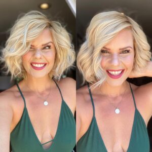 Kimberly Caldwell Instagram - Turn a GOOD hair day into GREAT hair day! Got dolled up yesterday and actually curled my hair for the first time in forever. 
💁🏼‍♀️
It was pretty unruly so I opened up my new #Xstatic brush from @forbabs_brushes and with a just a couple strokes my hair went from chaotic to classy!
 💫
This anti-static brush is the first of its kind. The line was created by a mom and inspired by her mother #Babs which you know I love.
💗
I’m all about moms supporting moms so use discount code Momosas20 for 20% off and say goodbye to flyaways forever! Swipe up in my stories for the link. Cheers!
🥂
#goodhairday #staticfreehair #staticbrush #blondehair #blonde #blondebob #curlybob #hairgamestrong #momhairdontcare #untamedhair #wavyhair #blondewaves #beachwaves #beforeandafter #blondegirl #blondie #momhair