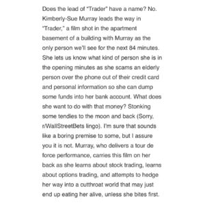 Kimberly-Sue Murray Instagram - Thank you Jeremy Werner at Moviehole.net for the flattering review. 

Couldn’t have done it without my director, Corey Stanton, leading the way!