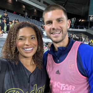 Kimrie Lewis Instagram - What a finish for our last home game before playoffs, led by this guy: @bouanga_20. Bravo @lafc 🖤💛 #hattrick