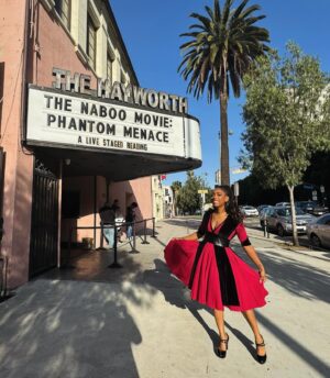 Krystina Arielle Instagram - Celebrating 25 years of Phantom Menace playing Fake Amidala AND Mace Windu?! I call that a win, dude. Thank you @cotnoir , @thestarwarsminute , @dynastytypewriter and the absolutely Stellar Cast and Crew of this live reading. I laughed so hard my sides hurt. 💞 
·

Makeup: @bonnieeliz_ 
Dress: @elhofferdesign 
#thephantommenace #naboomovie