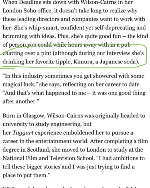 Krysty Wilson-Cairns Instagram - Thanks @dianalodderhose for such a fun interview and this lovely article in @deadline and thank you so much to @universalpictures for being the dream creative collaborators / partners / film-making experts and for making @greatcompanyltd a reality. Exited for what *great* things we are cooking up… PS I love Kimura Ramune soda, this was not a paid product placement, but it could be.