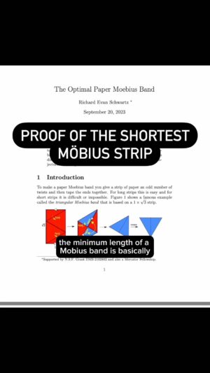 Kyne Santos Instagram - We’re diving into Richard Schwartz’s proof of the optimal paper Möbius strip! And I was lucky enough that he was willing to be interviewed for the video, so that’s him explaining the proof - and his big mistake near the end! 

If you’d like to read the paper yourself, you can find it on his university page (math.brown.edu/reschwar/papers.html). It took me a couple days to wrap my head around and make the video, but I found it super interesting!