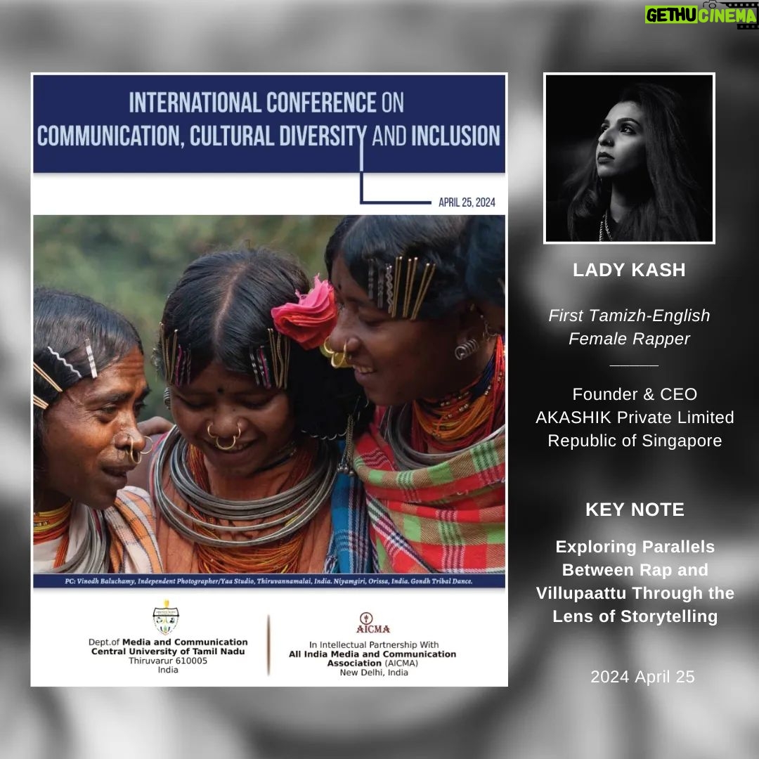 Lady Kash - 3 Likes - I will be presenting a Key Note for the International Conference on Communication, Cultural Diversity and Inclusion. At the precipice of the release of Villupaattu - The Live Orchestral Version, I will be speaking about exploring parallels between Rap and Villupaattu through the lens of storytelling.
Tune into the YouTube link in profile to watch it live now!