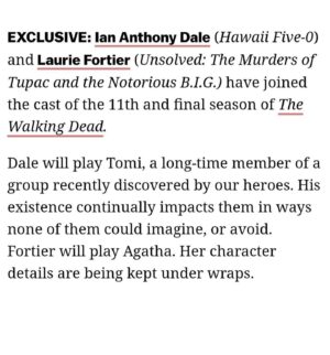 Laurie Fortier Instagram - I’m super psyched to be a part of TWD family and this amazing cast!!!
Season 11 premiere’s Aug 22! 
@deadline 
@amcthewalkingdead 
@amc_tv @amctalkingdead @angelakkang 
@laurencohan 
@bigbaldhead 
@seth.gilliam.54 
@jeffreydeanmorgan 
@jamesdevoti 
@okea_notok 
@glennstantondrama 
.
.
.
#amc #thewalkingdead #deadline #tv #twdfamily #thetalkingdead #finalseason #zombies #twdcast #lauriefortier #onlyonelife