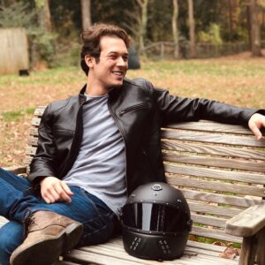 Leo Howard Instagram - Thinking about my bikes got me grinning.  badass jacket by @shangrilaheritage and helmet by @guangart top level gear. Thank you guys.