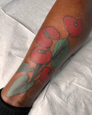 Lindsay Philomene Instagram - ✨ Custom anthuriums for Alex ✨ 
.
.
.
More colourful flora please ✨ 
To book a custom or flash : Linktree in my bio ✨
.
.
.
#melaninpoppin #floratattoo #neotraditional #montrealtattooshops #boldtattoo #tattooartist
