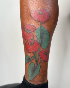 Lindsay Philomene Instagram - ✨ Custom anthuriums for Alex ✨ 
.
.
.
More colourful flora please ✨ 
To book a custom or flash : Linktree in my bio ✨
.
.
.
#melaninpoppin #floratattoo #neotraditional #montrealtattooshops #boldtattoo #tattooartist