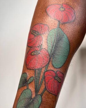 Lindsay Philomene Instagram - ✨ Custom anthuriums for Alex ✨ 
.
.
.
More colourful flora please ✨ 
To book a custom or flash : Linktree in my bio ✨
.
.
.
#melaninpoppin #floratattoo #neotraditional #montrealtattooshops #boldtattoo #tattooartist