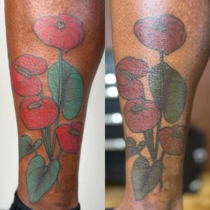Lindsay Philomene Instagram - ✧ For educational purpose ✧ 
here is a fresh & healed photo of the tattoo I did on my client Alex last year. 
.
This is a testament to how colours heal & settle on melanated skin. In that case choosing brighter colours always yields the best results. Understanding what works for your client’s skin tone is important.
.
The melanin acts like a filter on top of the pigment once healed so automatically the colours are more muted.
.
There are pages like @tattoos_ondarkskin that gives you a plethora of other examples as well 🙏🏽✧
.
If you have more questions or comments let’s discuss below, sharing knowledge is 🔑