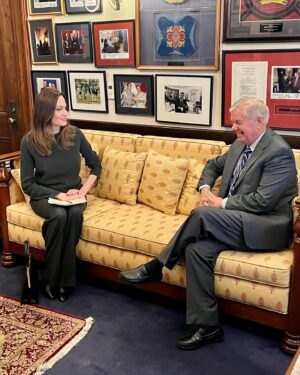 Lindsey Graham Instagram - @senatorshaheen and I had a very productive meeting today with Angelina Jolie regarding the plight of Afghan women and religious minorities.
 
Our nation and the international community need to work together to avoid a humanitarian disaster in Afghanistan.
 
We will be working with our colleagues and Administration officials to develop a coordinated U.S. response, hopefully in conjunction with the international community, to help the Afghan people through this winter and beyond.
 
We appreciate all the work Ms. Jolie has done and her dedication to help the long-suffering Afghan people.