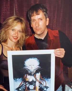 Linnea Quigley Instagram - #flashbackfriday With a fan who bought a painting of me done by the famous and talented @oliviapinupart at a gallery showing