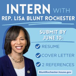 Lisa Blunt Rochester Instagram - 🚨Just under two weeks left 🚨

My office is accepting applications for Fall 2024 interns from now until Monday, June 10th at COB! For more information on how to apply, please visit my website at bluntrochester.house.gov.