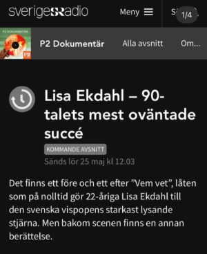 Lisa Ekdahl Instagram - Jag känner mig väldigt modig och duktig som har pratat om allt möjligt länge och ingående med bästa @alexandrastext och @isaqisaq 
Lite mäktigt att bli porträtterad så ingående ändå.
Lyssna gott folk. 
Och sprid gärna.
Droppa 🙂och tagga vän som nog vill lyssna.
Premiär med pompa & ståt i P2 12:03 direkt efter Ekot idag! Efter det kan man lyssna när man vill i appen/Sveriges Radio Play. 
Medverkar gör vanligtvis ljusskygga @milton_cake och @larswinnerback 🔥
P2 i mitt ❤️‍🔥 Länk i bio för att lyssna @sverigesradio_p2  Tack @peternordahl_ 
Tack Kjell Andersson.