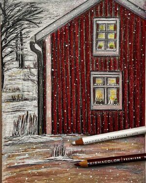 Liv Hansen Instagram - Winter in Dalarna. 🕯️❤️ 

#illustrationwork 
#vintageillustration #visitdalarna #bookillustration #whimsyart #whimsicalart #coloredpencildrawing #prismacolor #prismacolorpencil #fairytaleart #winterart #fallingsnow #tegning #danskkunst #nostalgicillustration #wintertime