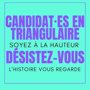 Lou Howard-Levy Instagram - Appel aux candidat·es en triangulaire à se retirer pour que nous puissions concentrer nos voix et faire barrage au RN.

Ne laissez pas aux citoyen·nes la responsabilité de deviner qui est le plus à même de gagner et retirez-vous, ce vote est historique, on a besoin de continuer à unir nos forces.

L'histoire vous regarde :
- @audreydufeu_deputee
- hubertdejenlis
- @loicsignor
- @fabrice_brun
- @graig_monetti
- @albabault17
- @emiliechandler9501
- @jeancharleslarsonneur
- @matthieuannereau
- @dominique.faure31