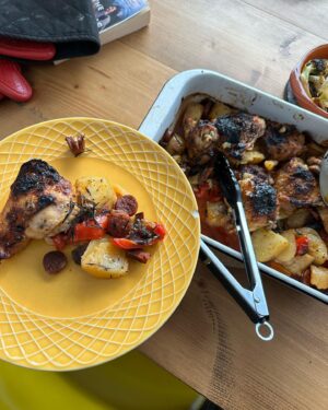 Louis Theroux Instagram - Bbc online recipe, chicken and chorizo tray bake blah blah blah it looks burnt but that’s how my wife likes it