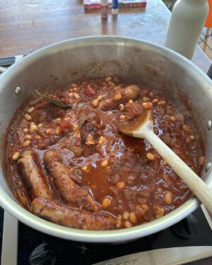Louis Theroux Instagram - Don’t make me use this spoon on you! Sausage casserole - a Hairy Bikers recipe - adapted for what I had in the cupboard. Eg. I used rinsed baked beans instead of butter beans. 👨‍🍳