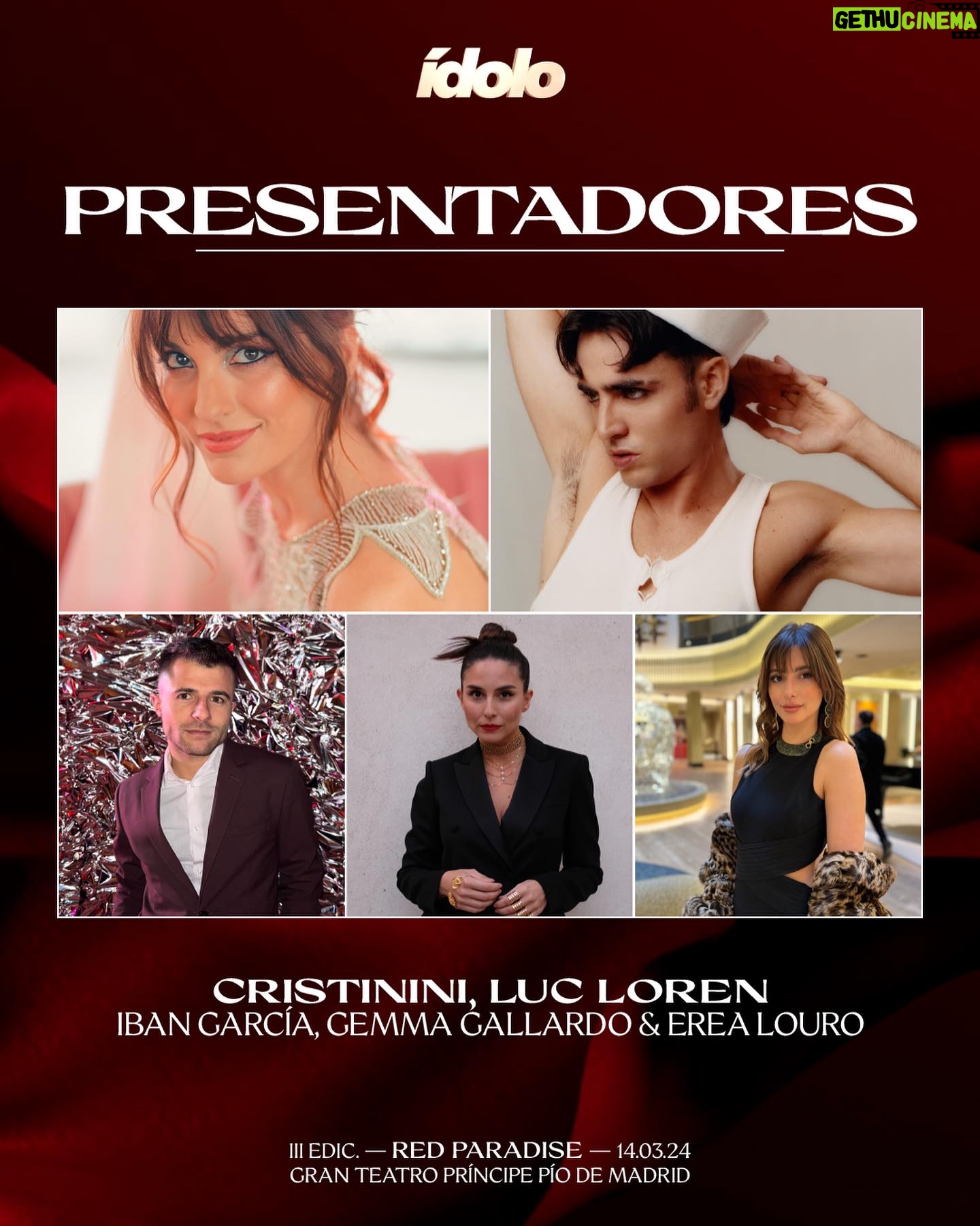 Luc Loren - 12.1K Likes - Vaya lujo de acompañantes ✨
La retransmisión de los Premios Ídolo estará presentada por @iamcristinini y @lucloren y en la alfombra roja tendremos a @ibngarcia, @gemita327 y @erealouro. ¡Equipazo! ♥️