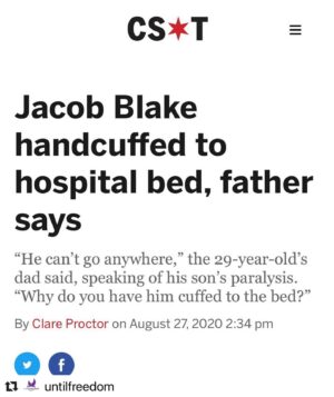 Lucas Till Instagram - #Repost @untilfreedom with @make_repost
・・・
Jacob Blake was breaking up a fight and unarmed shot 7 times by the Kenosha Police. He’s PARALYZED and still innocent until proven guilty. He wasn’t a suspect. They HANDCUFFED him to the bed?!? He can’t go anywhere. This is INSANE. 

Rise Up Family. Our people deserve respect and to be treated as humans. The lines need to be drawn once and for all. 

The whole Kenosha Police Department needs to be SHUT DOWN. The mayor, the governor - everybody needs to be held accountable. They are the criminals.