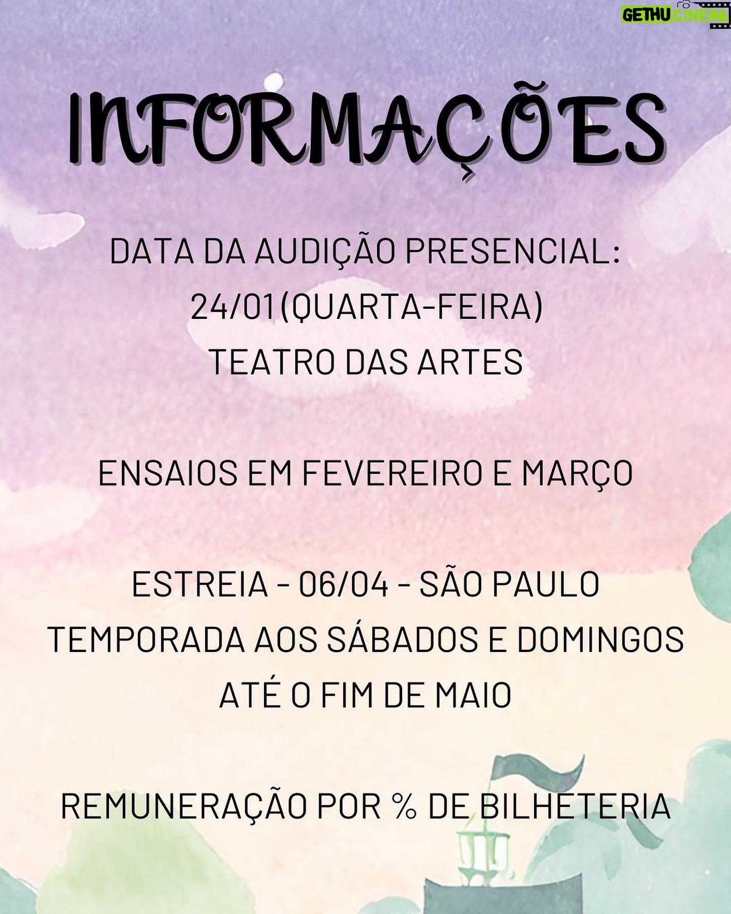 Luccas Papp - 1.6K Likes - As inscrições para as audições de ”Peter Pan - Crescer é Preciso” estão abertas! 🎭 Os convocados farão testes presenciais que serão realizados no dia 24 de janeiro, quarta-feira.
Arraste a imagem para mais detalhes e os perfis dos personagens. Se você preencher os requisitos, é só acessar o link na nossa bio e se inscrever! ✨
Compartilhe com seu amigo artista! Oportunidades são sempre bem-vindas!
ATENÇÃO: as inscrições serão aceitas somente até o dia 12 de janeiro, às 23:59.