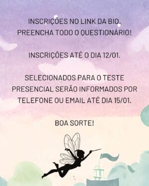 Luccas Papp Instagram - As inscrições para as audições de ”Peter Pan - Crescer é Preciso” estão abertas! 🎭 Os convocados farão testes presenciais que serão realizados no dia 24 de janeiro, quarta-feira.

Arraste a imagem para mais detalhes e os perfis dos personagens. Se você preencher os requisitos, é só acessar o link na nossa bio e se inscrever! ✨

Compartilhe com seu amigo artista! Oportunidades são sempre bem-vindas!

ATENÇÃO: as inscrições serão aceitas somente até o dia 12 de janeiro, às 23:59.
