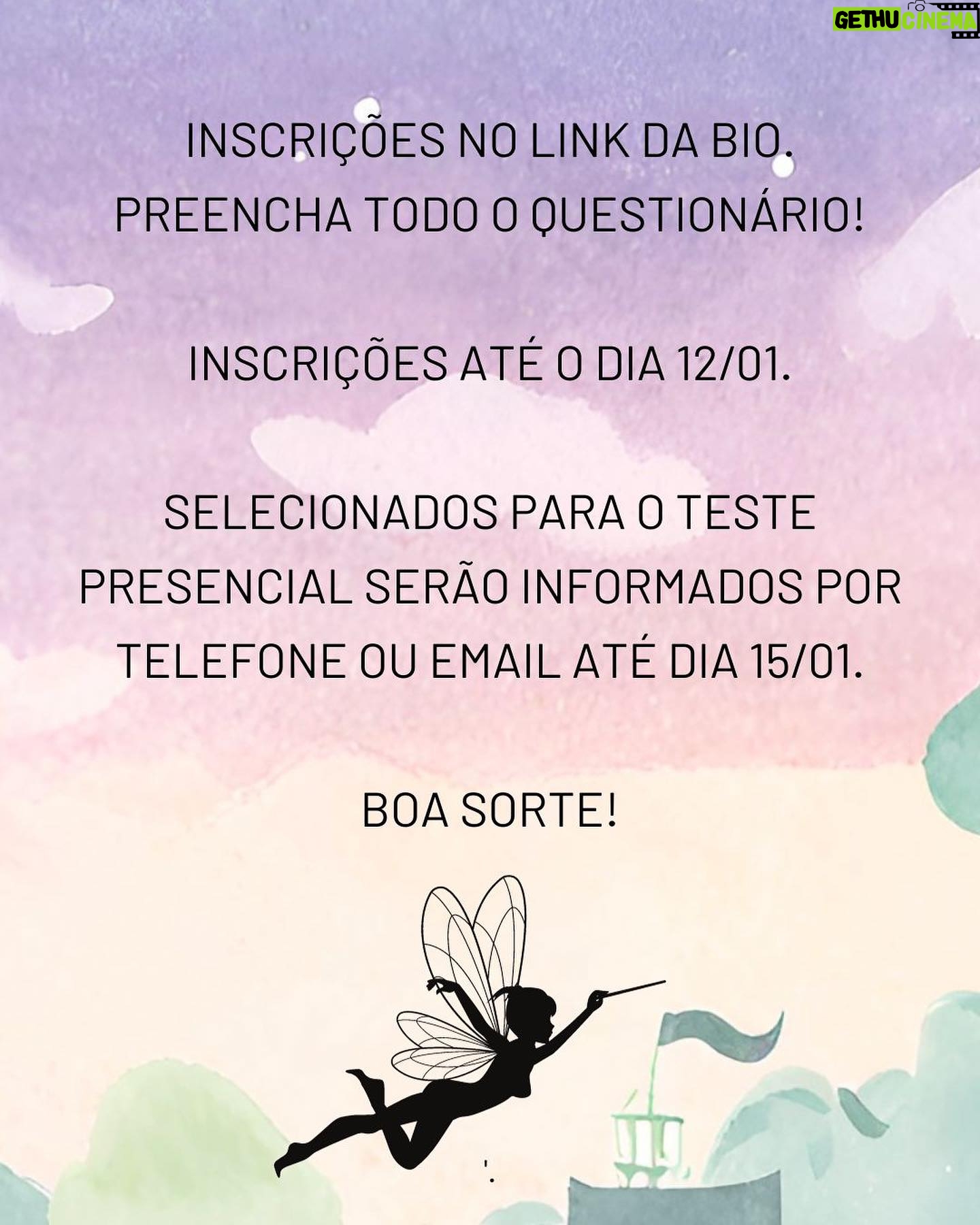 Luccas Papp - 1.6K Likes - As inscrições para as audições de ”Peter Pan - Crescer é Preciso” estão abertas! 🎭 Os convocados farão testes presenciais que serão realizados no dia 24 de janeiro, quarta-feira.
Arraste a imagem para mais detalhes e os perfis dos personagens. Se você preencher os requisitos, é só acessar o link na nossa bio e se inscrever! ✨
Compartilhe com seu amigo artista! Oportunidades são sempre bem-vindas!
ATENÇÃO: as inscrições serão aceitas somente até o dia 12 de janeiro, às 23:59.