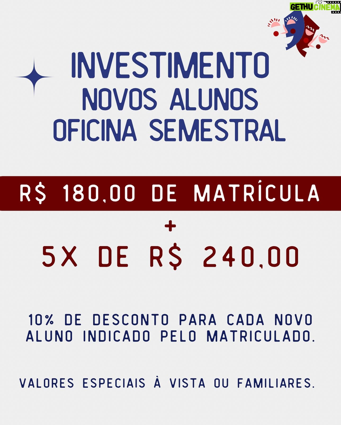 Luccas Papp - 3 Likes - As vagas para o segundo semestre de 2024 da Cia Epilogo estão ABERTAS!!!
Já pensou em fazer teatro? Se a resposta for sim, te convidamos a conhecer nosso trabalho!
- Oficinas semestrais montagem teatral INÉDITAS (vários dias e horários) com apresentações ao final do semestre e festival de teatro com premiação.
- Workshops de interpretação para TV e Cinema (tarde e noite) com gravação de monólogo.
- Turma INFANTIL (até 13 anos), e a continuidade da Turma ONLINE! Você pode fazer parte da nossa companhia de qualquer lugar do mundo!
As aulas presenciais acontecem no Teatro das Artes do Shopping Eldorado e as remotas pela plataforma Zoom.
Escolha o melhor dia para você e se inscreva!
Quer saber mais? Chama a gente no WhatsApp que está na nossa bio ou escreva “eu quero!” aqui nos comentários.
Mas corra! As vagas são limitadas! Te esperamos!